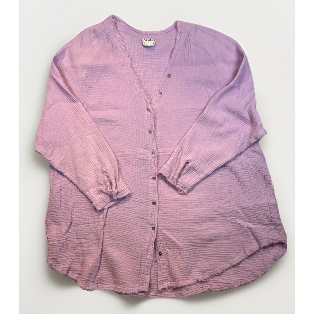 Arula Size C 3X Lavender Cotton Raw Hem Button Front Tunic Dress Pockets Boho